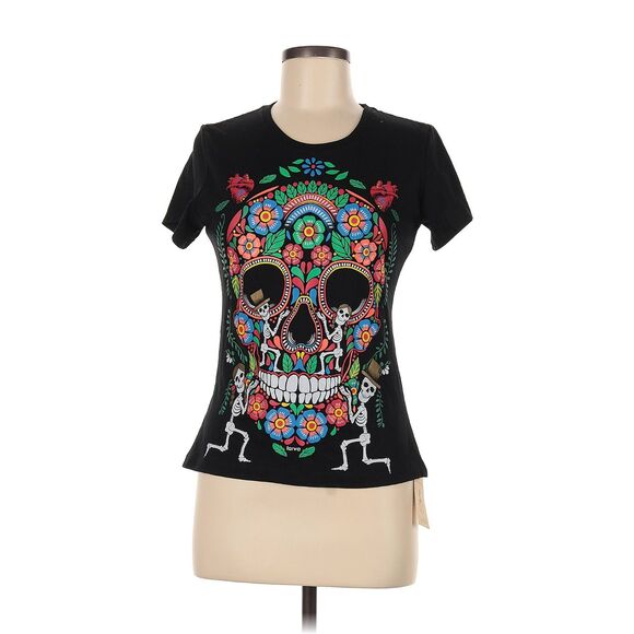 NWT Black Dia de los Muertos Sugar Skull Flowers Hearts Baby Doll Graphic Tee - Picture 1 of 8